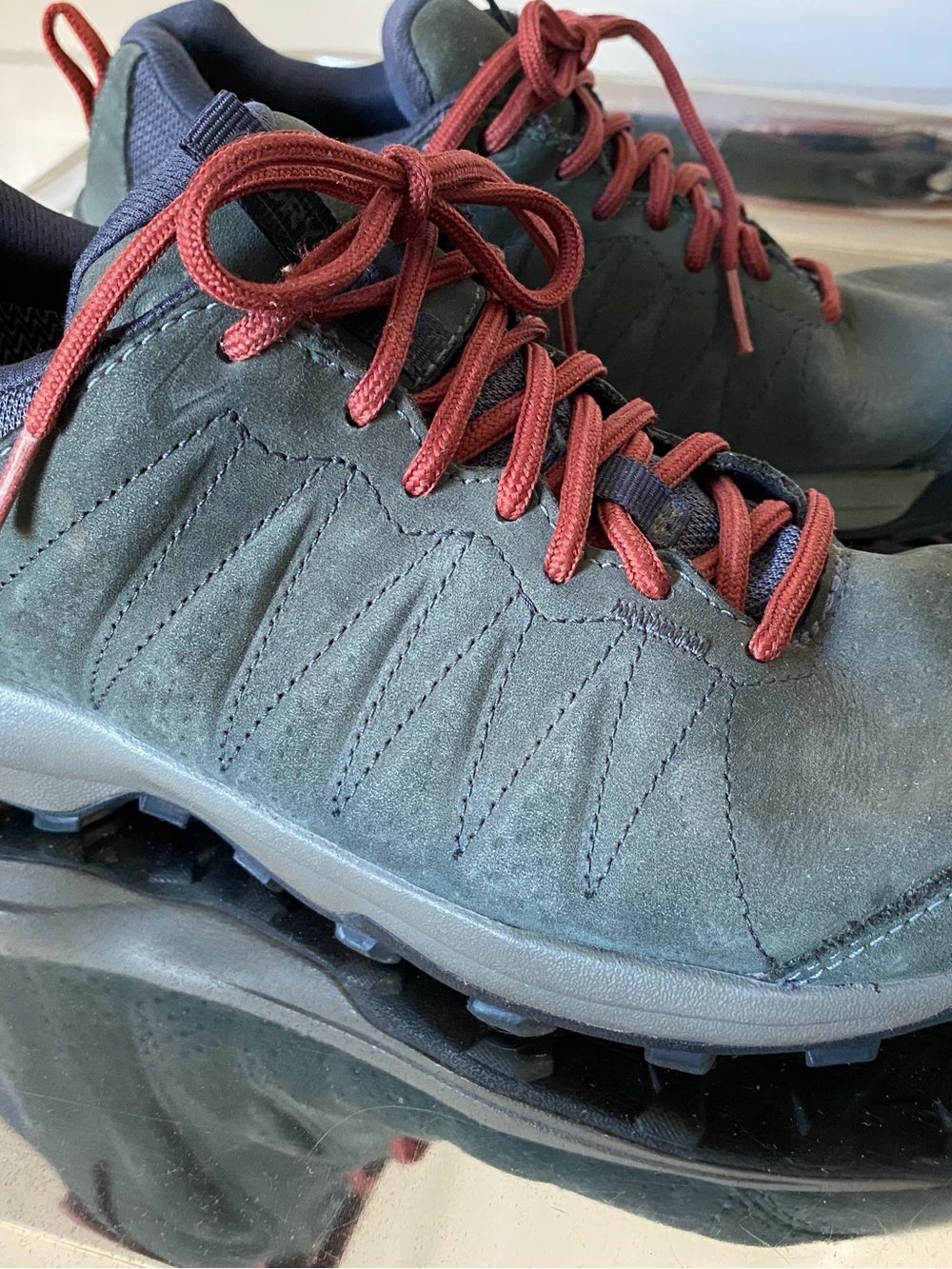 Obōz women’s waterproof hiking shoes   — Rosemary/Teal stitching with Red Laces